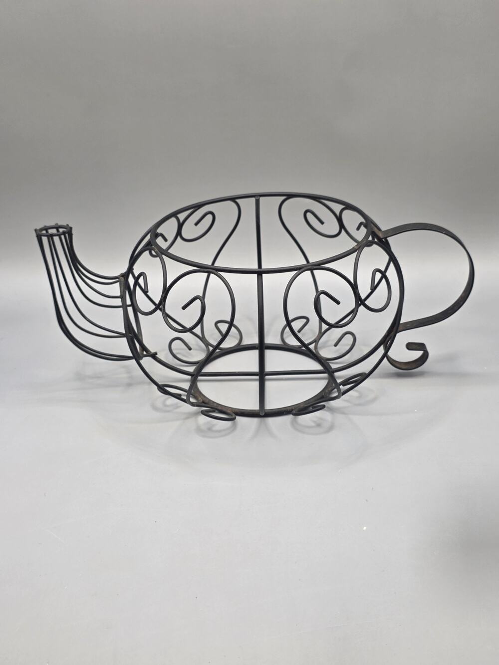 Vintage Black Wrought Iron Teapot Wire Basket Planter Kitchen Decor Scrollwork